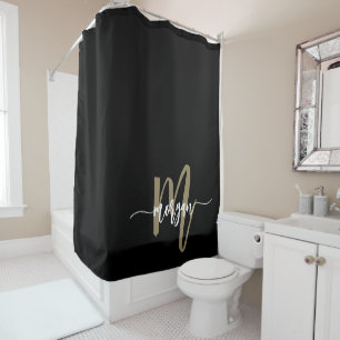 Black Gold Modern Script Girly Monogram Name Shower Curtain