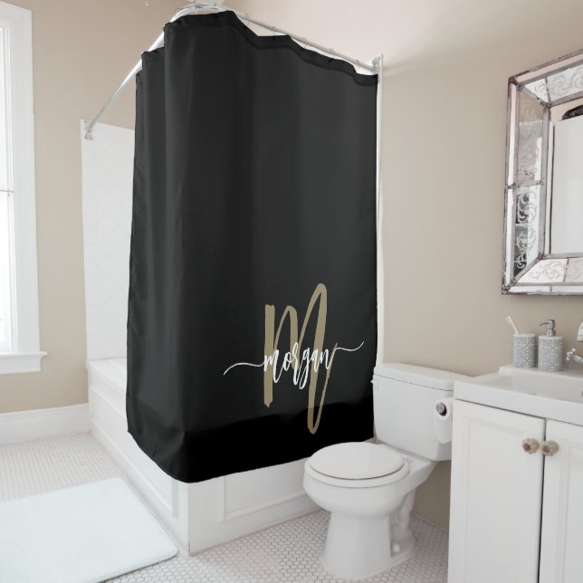 Black Gold Modern Script Girly Monogram Name Shower Curtain (In Situ)