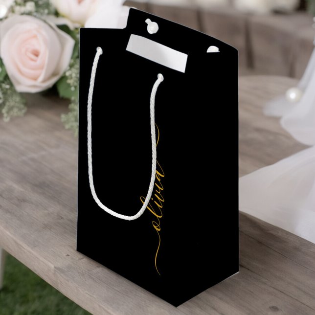 Black Gold Modern Script Girly Monogram Name Small Gift Bag (Creator Uploaded)
