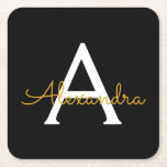 Black Gold Modern Script Girly Monogram Name Square Paper Coaster<br><div class="desc">Black and Gold Simple Script Monogram Name Paper Coasters. This makes the perfect graduation,  birthday,  wedding,  bridal shower,  anniversary,  baby shower or bachelorette party gift for someone that loves glam luxury and chic styles.</div>