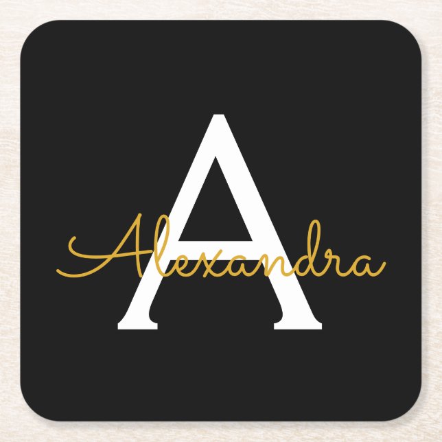 Black Gold Modern Script Girly Monogram Name Square Paper Coaster (Front)