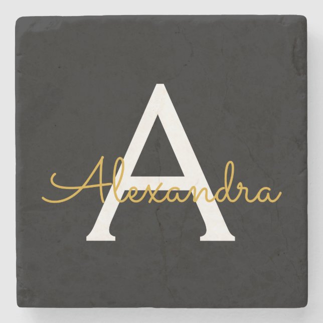Black Gold Modern Script Girly Monogram Name Stone Coaster (Front)