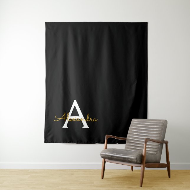 Black Gold Modern Script Girly Monogram Name Tapestry (In Situ)