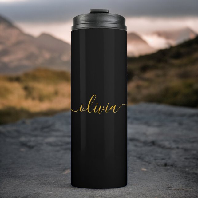 Black Gold Modern Script Girly Monogram Name Thermal Tumbler (Creator Uploaded)