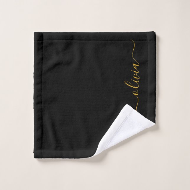 Black Gold Modern Script Girly Monogram Name Wash Cloth (Wash Cloth)