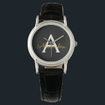 Black Gold Modern Script Girly Monogram Name Watch<br><div class="desc">Black and Gold Simple Script Monogram Name Watch. This makes the perfect graduation,  birthday,  wedding,  bridal shower,  anniversary,  baby shower or bachelorette party gift for someone that loves glam luxury and chic styles.</div>