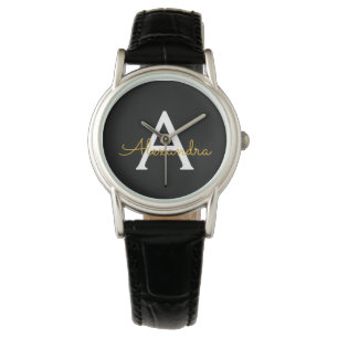 Black Gold Modern Script Girly Monogram Name Watch