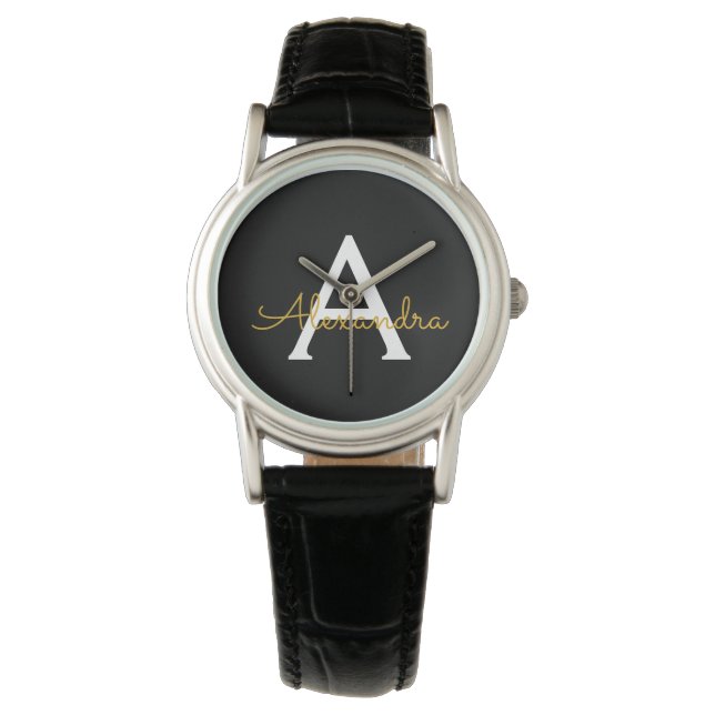 Black Gold Modern Script Girly Monogram Name Watch (Front)