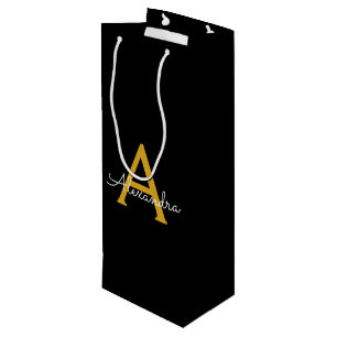 Black Gold Modern Script Girly Monogram Name Wine Gift Bag