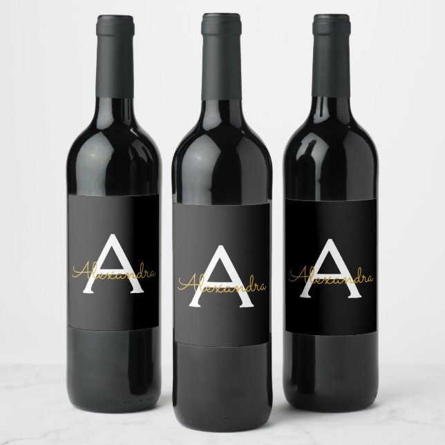 Black Gold Modern Script Girly Monogram Name Wine Label (Bottles)