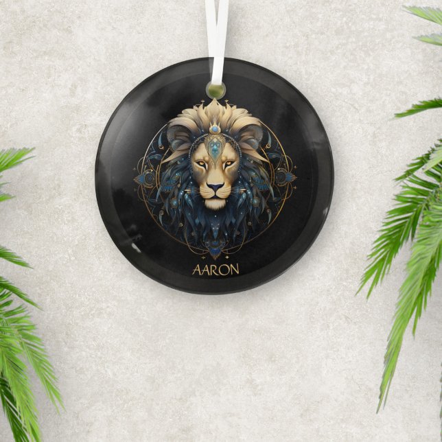 Black Gold Modern Script Lion Star Sign Leo Glass Tree Decoration (Creator Uploaded)