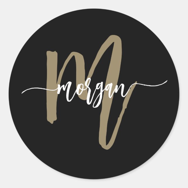 Black Gold Modern Script Monogram Name Classic Round Sticker (Front)