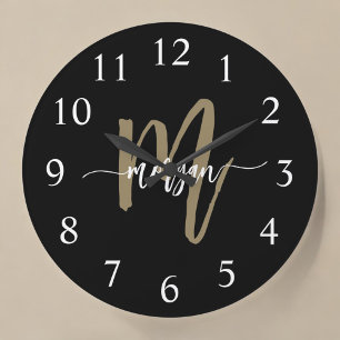 Black Gold Modern Script Monogram Name  Large Clock