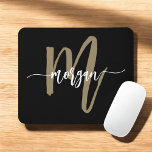 Black Gold Modern Script Monogram Name Mouse Pad<br><div class="desc">Add a touch of elegance to your workspace with the Black and Gold Modern Script Monogram Name Mouse Pad. Featuring a sleek black surface with a bold gold monogram in a modern script font, this mouse pad combines luxury and functionality. Designed for smooth, precise mouse movement, it’s perfect for home...</div>