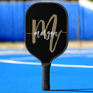 Black Gold Modern Script Monogram Name Pickleball Paddle