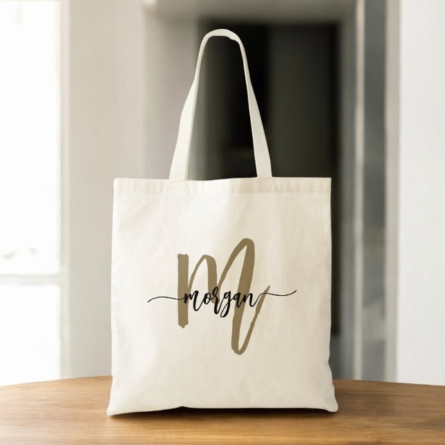 Black Gold Modern Script Monogram Name Tote Bag (Creator Uploaded)