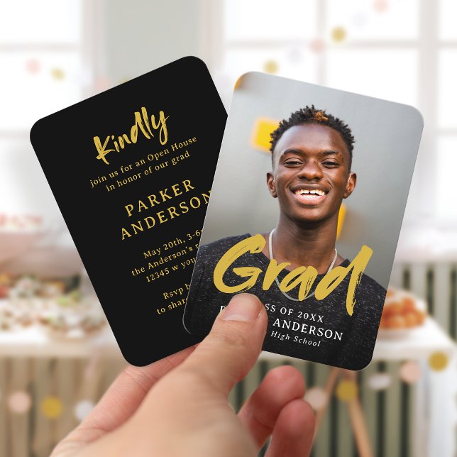 Black Gold Modern Script Photo Graduation Invite (Black Gold Modern Script Photo Graduation Invite)