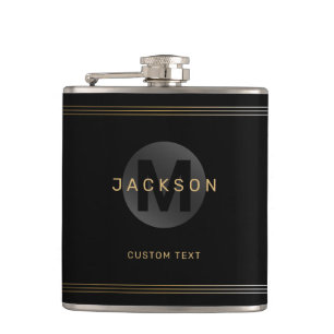 Black & gold modern simple personalised monogram hip flask