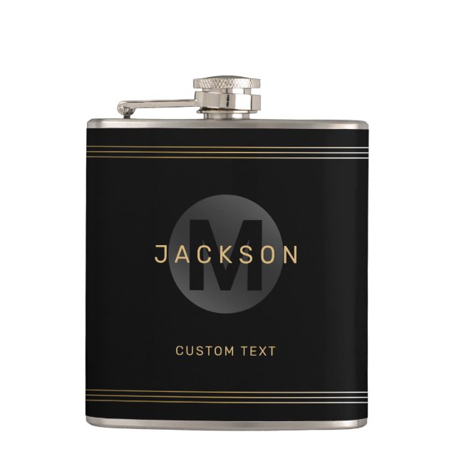 Black & gold modern simple personalised monogram hip flask (Front)