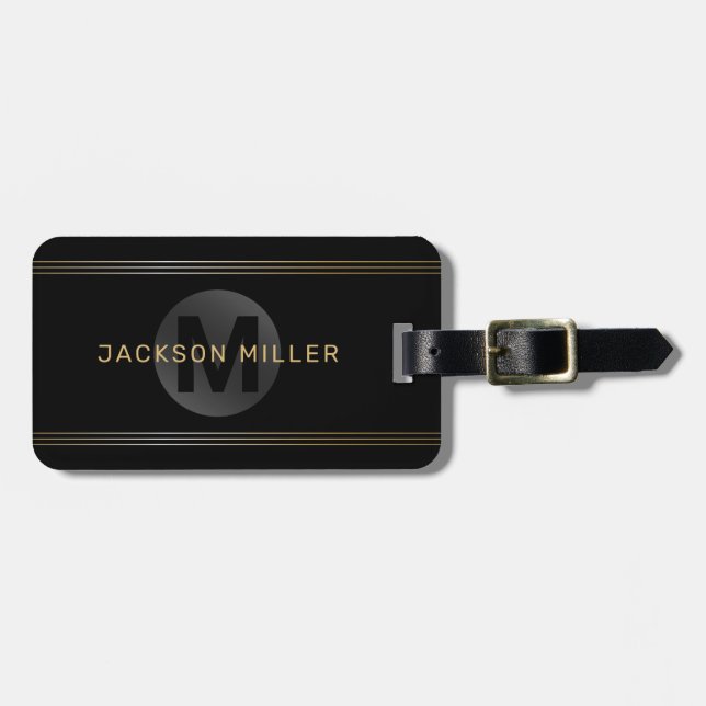 Black & gold modern simple personalised monogram luggage tag (Front Horizontal)