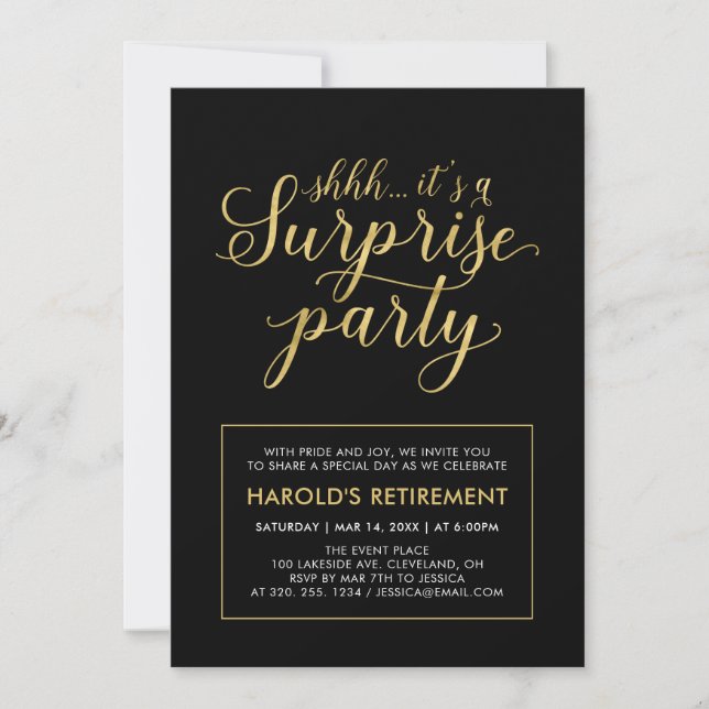 Black & Gold | Modern Surprise Retirement Party Invitation (Front)