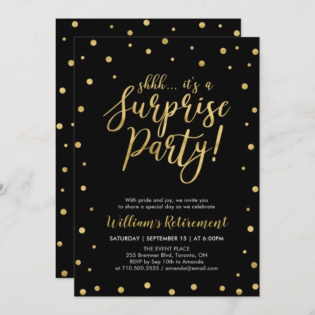 Black & Gold | Modern Surprise Retirement Party Invitation (Front/Back)
