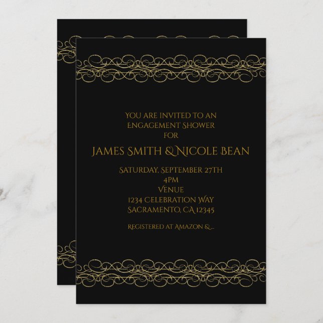 Black & Gold Modern Swirl Elegant Invitation (Front/Back)