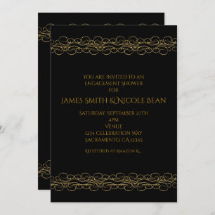 Black & Gold Modern Swirl Elegant Invitation