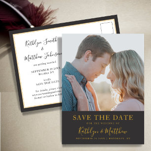 Black Gold Modern Typography Simple Photo Wedding Announcement Postcard