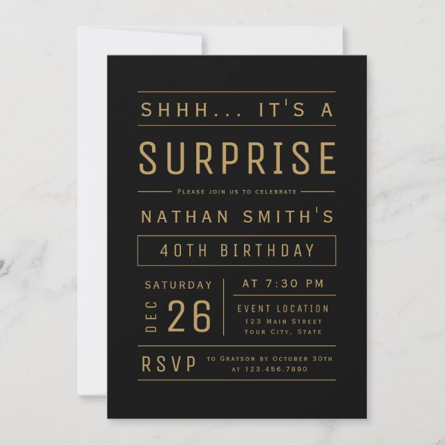 Black Gold Modern Typography Surprise Birthday Invitation (Front)