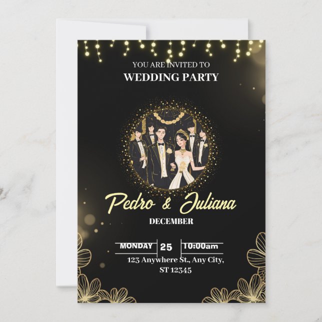 Black Gold Modern Wedding Party Invitation (Front)