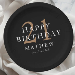 Black & Gold Modner 21st Birthday Party Paper Plate