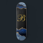 Black Gold Monogram Agate Skateboard<br><div class="desc">Gold monogram on black with blue black agate gold glitter edges. Glam style.</div>