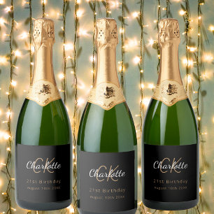 Black gold monogram birthday party sparkling wine label