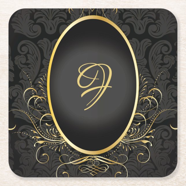 Black gold Monogram Classy Royal Style Coaster (Front)