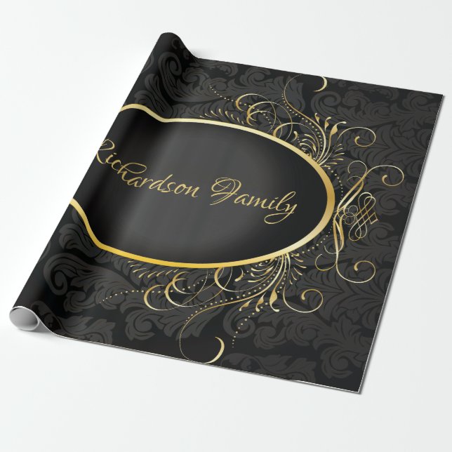 Black gold Monogram Classy Royal Style Wrapping Paper (Unrolled)
