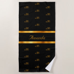 Black gold monogram couple initials pattern name beach towel