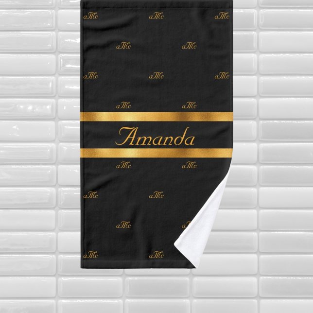 Black gold monogram couple initials pattern name hand towel (Creator Uploaded)