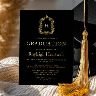 Black Gold Monogram Crest Graduation Party
