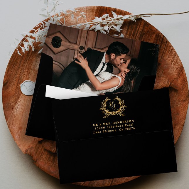 Black Gold Monogram Crest Wedding Photo Envelope (Creator Uploaded)