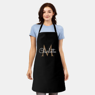 Black Gold Monogram Elegant Girly Script Apron
