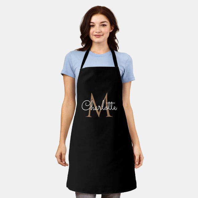 Black Gold Monogram Elegant Girly Script Apron (Worn)