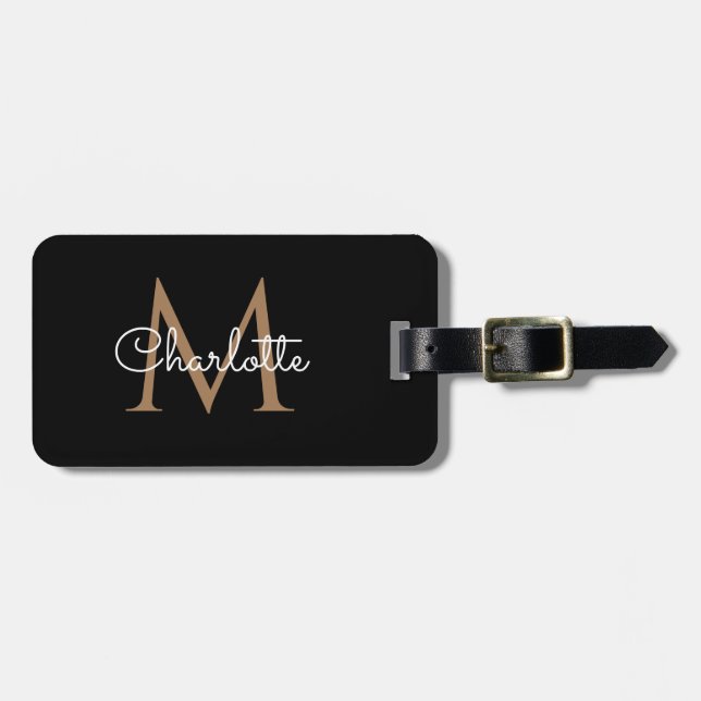 Black Gold Monogram Elegant Girly Script Luggage Tag (Front Horizontal)
