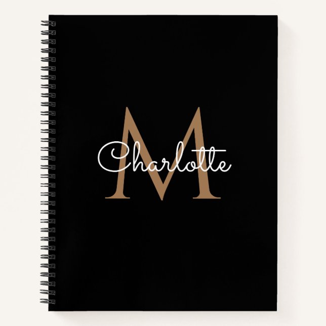 Black Gold Monogram Elegant Girly Script Notebook (Front)
