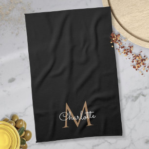 Black Gold Monogram Elegant Girly Script Tea Towel