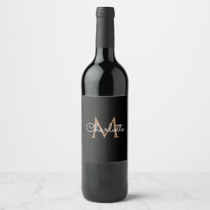 Black Gold Monogram Elegant Girly Script Wine Label