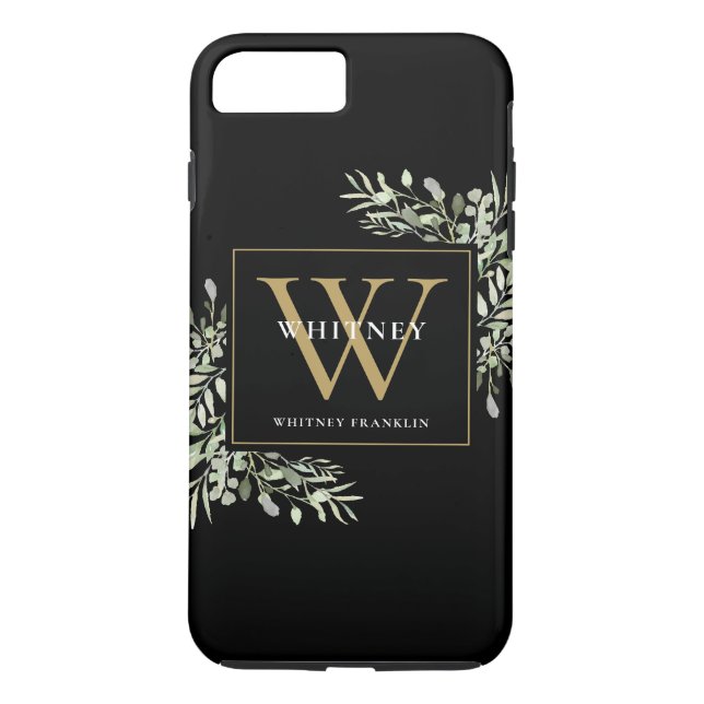 Black Gold Monogram Elegant Modern Greenery Case-Mate iPhone Case (Back)