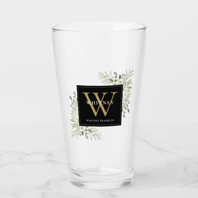 Black Gold Monogram Elegant Modern Greenery Glass (Front)