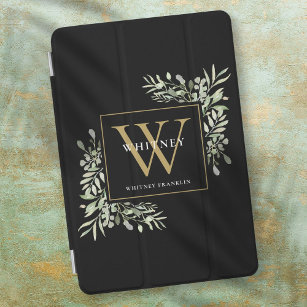 Black Gold Monogram Elegant Modern Greenery iPad Pro Cover