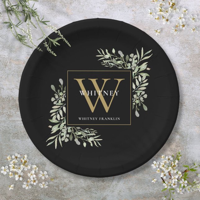 Black Gold Monogram Elegant Modern Greenery Paper Plate (Black Gold Monogram Elegant Modern Greenery Paper Plates)